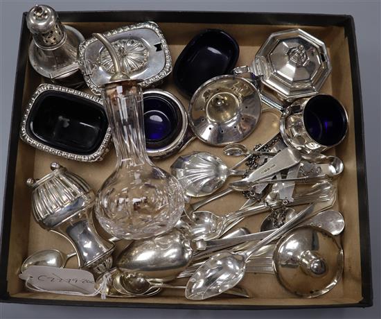 A groups of mixed white metal and mainly silver items and flatware including six condiments and set of six grapefruit spoons.